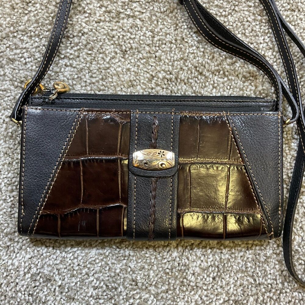 BRIGHTON BLACK & BROWN EMBOSSED‎ CROC LEATHER CROSS BODY ORGANIZER PURSE Clutch